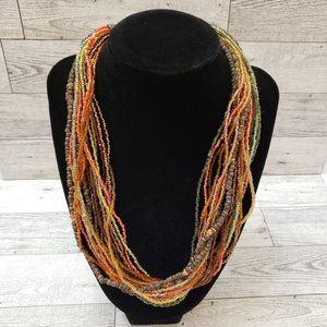 Coldwater Creek Multi Strand Necklace Seed Bead Green Brown Gold Glass and Wood